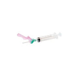 Sterile medical syringe with safety needle cap on white background