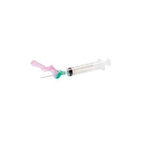 Sterile medical syringe with safety needle cap on white background