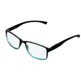 Black rectangular eyeglasses with clear lenses on a white background