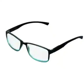 Black rectangular eyeglasses with clear lenses on a white background