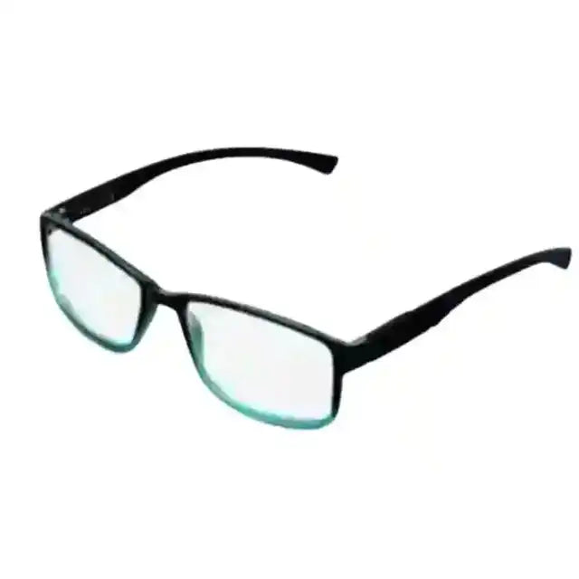 Black rectangular eyeglasses with clear lenses on a white background