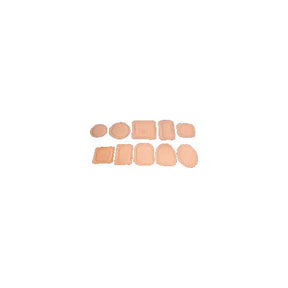 Assorted skin-toned hydrocolloid wound dressings in various shapes and sizes on white background
