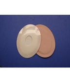 Two oval medical adhesive patches, beige and white, on a blue background.