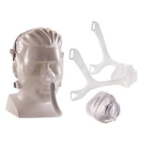 CPAP nasal mask with headgear for sleep apnea, displayed on a white mannequin head