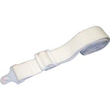 White elastic medical strap with plastic clip, for securing medical devices