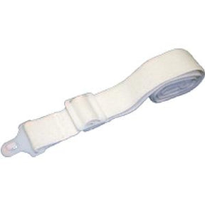 White elastic medical strap with plastic clip, for securing medical devices