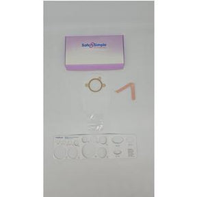 ostomy wafer starter kit with stoma ring, measuring guide, adhesive strip, and product box