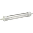 Clear medical inline filter with white end caps, used for home medical supply delivery.