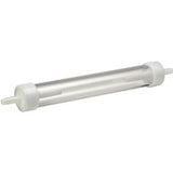 Clear medical inline filter with white end caps, used for home medical supply delivery.