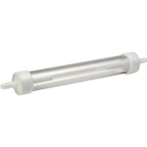 Clear medical inline filter with white end caps, used for home medical supply delivery.