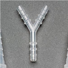Y-shaped plastic tubing connector for medical supply, shown on a gray background