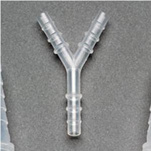 Y-shaped plastic tubing connector for medical supply, shown on a gray background