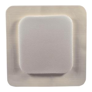 Square adhesive medical bandage with white absorbent pad on sterile background