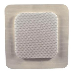 Sterile medical adhesive wound dressing pad with layered, absorbent center on white background
