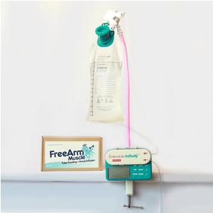 Enteral feeding pump with fluid bag, pink tubing, and FreeArm Muscle sign on white wall