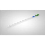 Sterile medical catheter with green connector on white background for home care use