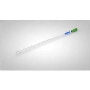 Sterile medical catheter with green connector on white background for home care use