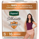 Depend Silhouette women's incontinence underwear package, size S, 16 count, featuring 4-in-1 SkinGuard.