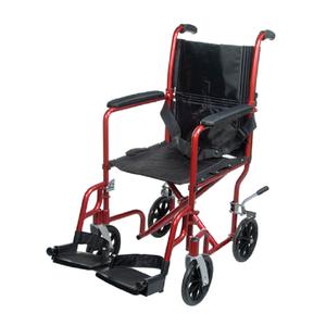 Lightweight red transport wheelchair with black seat, footrests, and small wheels.