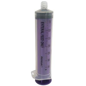 Purple enteral feeding syringe with clear measurement markings, medical supply product