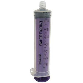 Purple enteral feeding syringe with clear measurement markings, medical supply product