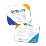 Entrust Ostomy Care product packaging with blue and orange design, for crescent barrier extensions.