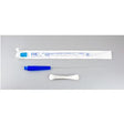 Sterile medical catheter kit with blue cap, packaging, and applicator on gray background