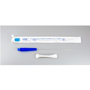 Sterile medical catheter kit with blue cap, packaging, and applicator on gray background