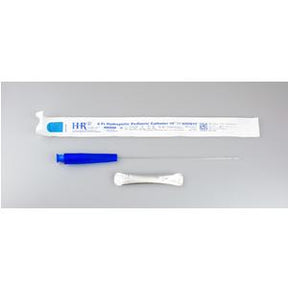 Sterile medical catheter kit with blue cap, packaging, and applicator on gray background
