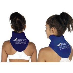 Woman wearing Elasto-Gel blue neck and upper back hot cold therapy wrap