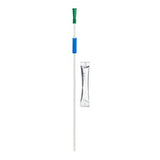 Sterile intermittent urinary catheter with green funnel and blue grip, medical supply