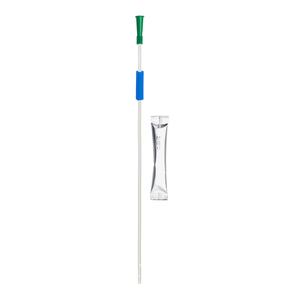 Sterile intermittent urinary catheter with green funnel and blue grip, medical supply