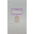 Medical ostomy pouch kit with adhesive barrier and stoma measuring guide on white background