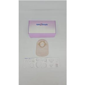 Medical ostomy pouch kit with adhesive barrier and stoma measuring guide on white background