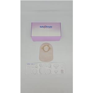 Medical ostomy pouch kit with adhesive barrier and stoma measuring guide on white background