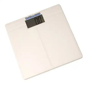 Digital bathroom scale with clear LCD display on white background, health monitoring device