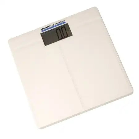Digital bathroom scale with clear LCD display on white background, health monitoring device