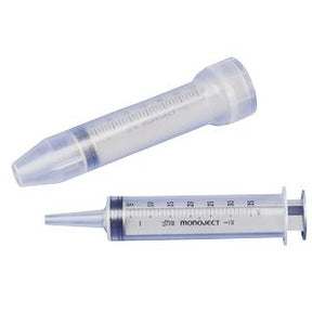 Two clear plastic Monoject oral syringes for medical liquid dispensing