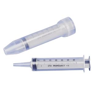 Two clear plastic Monoject oral syringes for medical liquid dispensing