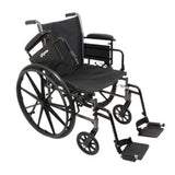 Lightweight black manual wheelchair with footrests and padded armrests, medical mobility aid