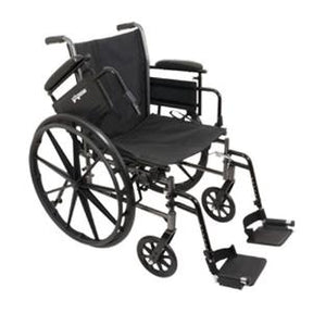 Lightweight black manual wheelchair with footrests and padded armrests, medical mobility aid
