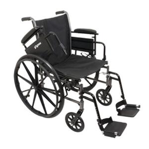 Lightweight black manual wheelchair with footrests and padded armrests, medical mobility aid