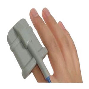 Hand with gray medical finger sensor for monitoring vital signs