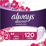Always Discreet bladder leak liners, very light absorbency, pack of 120, floral design.