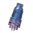Close-up of a medical needle-free IV connector with blue and purple translucent plastic.