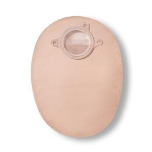 Beige ostomy pouch medical supply with circular opening on white background