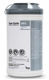 Sani-Cloth AF3 canister of extra large disinfectant wipes with gray lid, antimicrobial supply