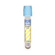 Clear plastic blood collection tube with blue cap for medical sample collection
