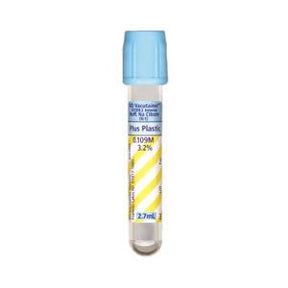 Clear plastic blood collection tube with blue cap for medical sample collection