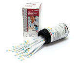 Urine reagent test strips and container for home medical use, box packaging in background
